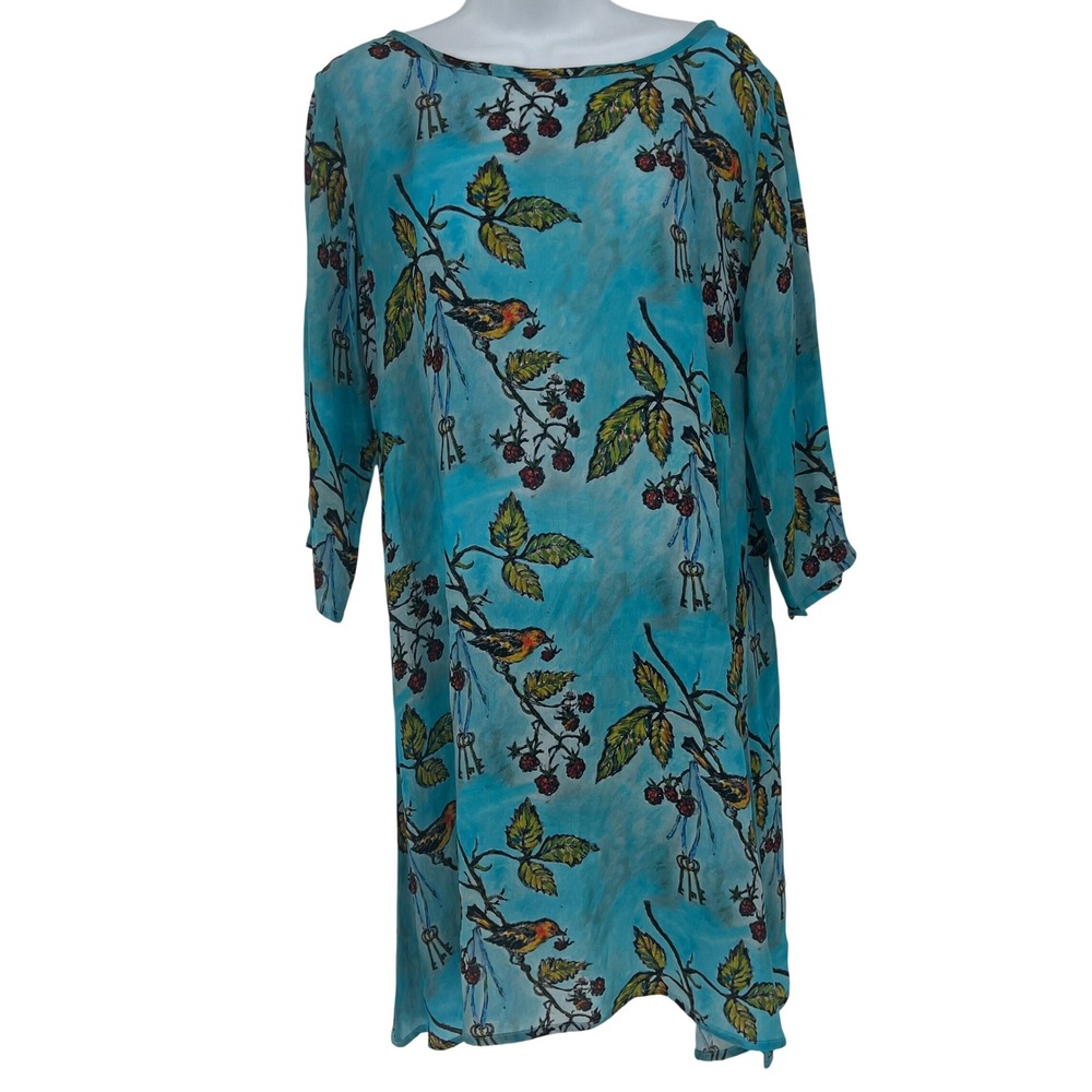 APNY Anthropologie Tunic Dress Beach Cover‎ Resort Size M Blue Birds Raspberries